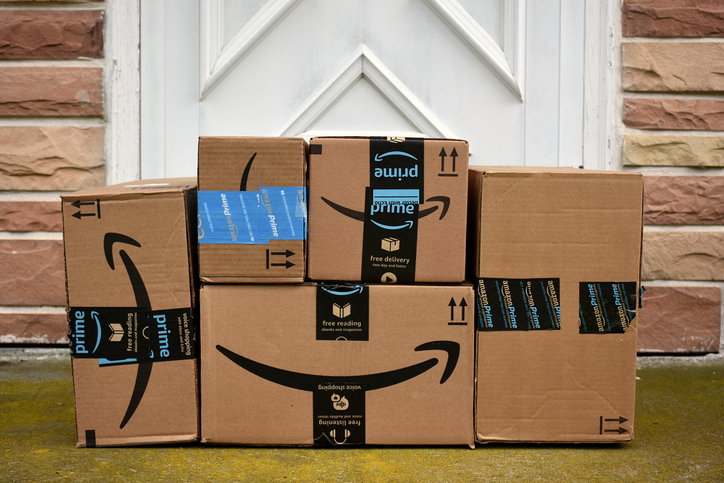 A pile of Amazon delivery boxes