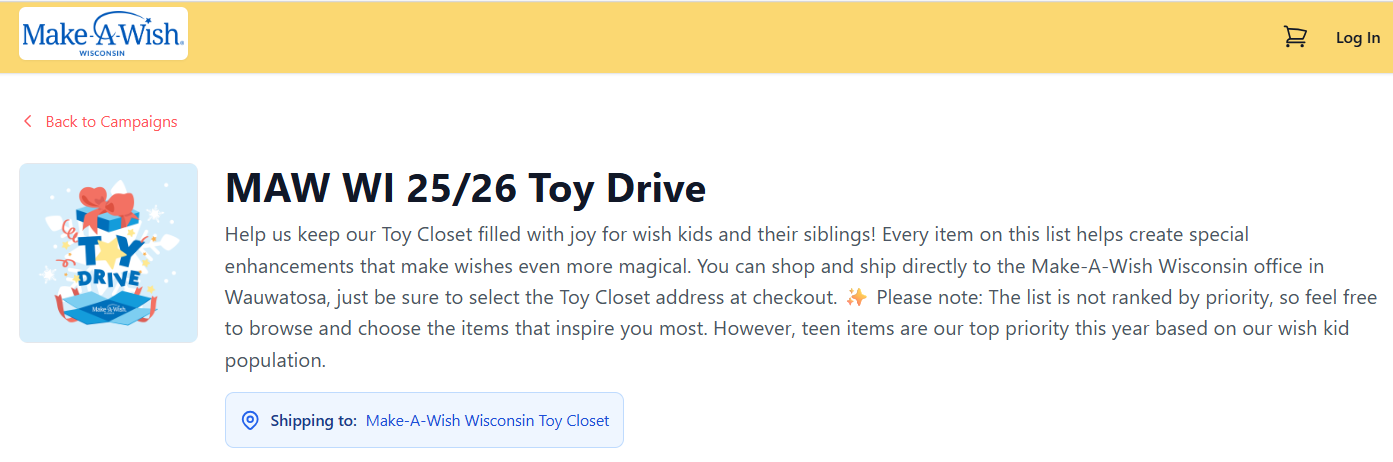 Make-A-Wish Toy Closet Mindful Giving campaign page